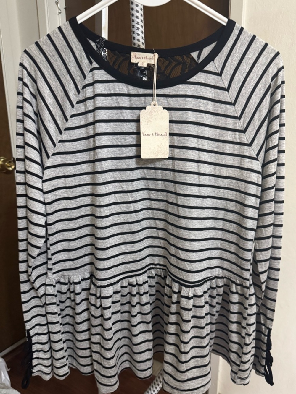 Hem & Thread Women's Black and Gray Striped Peplum Top SIZE M NWT